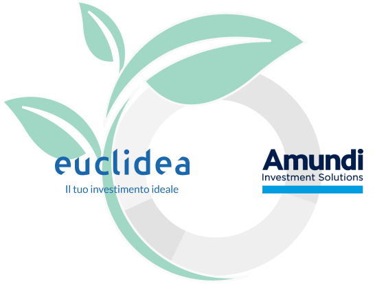 Illustrazione di una foglia sopra al doblone di una linea di investimento Green che unisce i loghi di Euclidea e Amundi